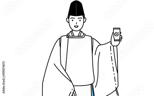 仕事でスマホを使う神社の神主、烏帽子と狩衣姿