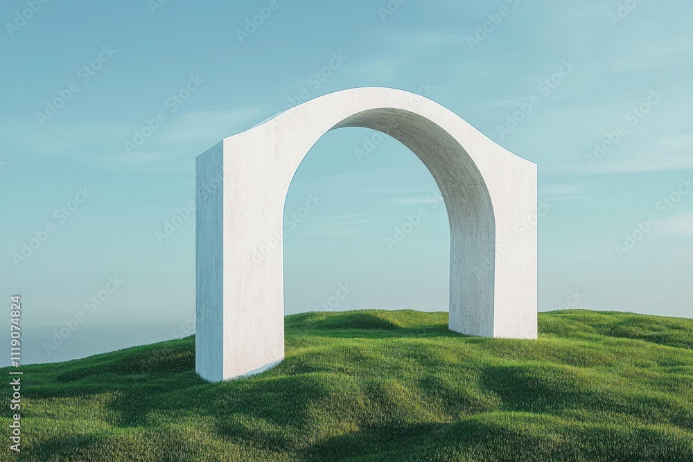 White Archway on Green Grass Hill Surreal Landscape Minimalist Illustration White Archway on Green Grass Hill Surreal Landscape Minimalist Illustration