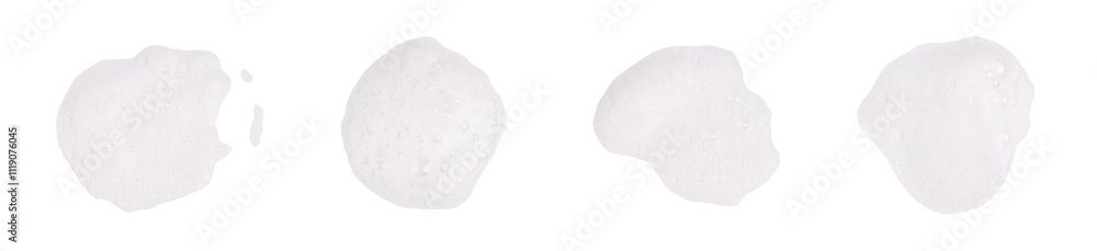Set of white soap bubbles, shampoo or shower gel, isolated on white background. Textured and contrasting background. Soap bubbles in the bath, shaving cream gel, bubble bath. Set of white soap bubbles, shampoo or shower gel, isolated on white background. Textured and contrasting background. Soap bubbles in the bath, shaving cream gel, bubble bath.