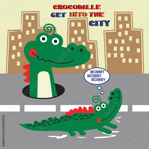 crocodile appears in the middle of the city street,design cartoon vector illustration