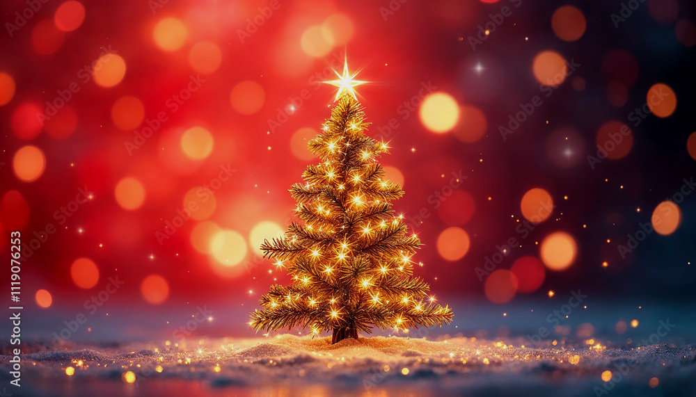 Illuminated Christmas tree made of golden lights against a red, bokeh-filled background, creating a magical and festive atmosphere. Illuminated Christmas tree made of golden lights against a red, bokeh-filled background, creating a magical and festive atmosphere.