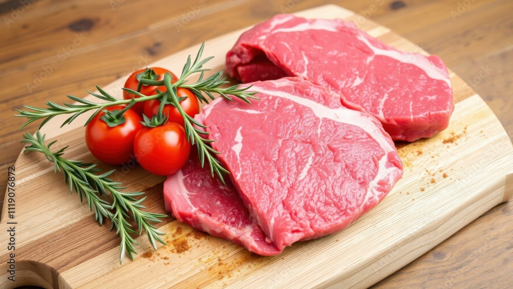 Fresh Raw Beef Steaks with Cherry Tomatoes and Rosemary on Wooden Cutting Board - Perfect for Cooking, Grilling, and Gourmet Meals Fresh Raw Beef Steaks with Cherry Tomatoes and Rosemary on Wooden Cutting Board - Perfect for Cooking, Grilling, and Gourmet Meals