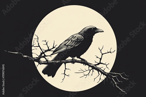  A raven perched on a branch full moon behind