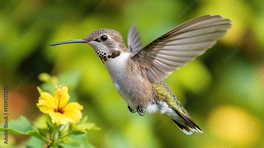 Fototapeta premium A hummingbird in flight, hovering near a yellow flower.
