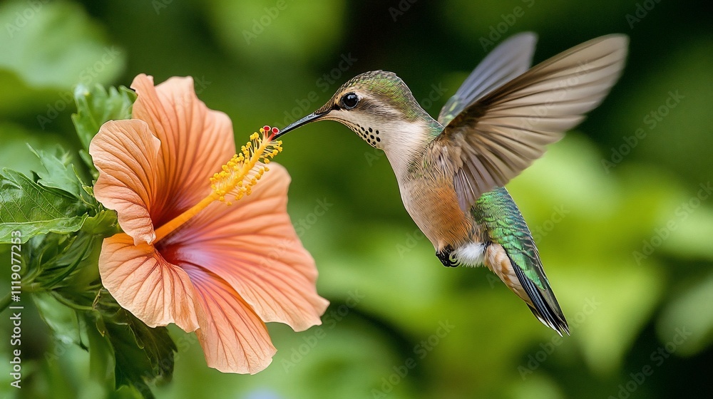 Hummingbird feeding on an orange hibiscus flower. Hummingbird feeding on an orange hibiscus flower.