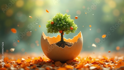 egg with a split shell, revealing a green tree growing inside round is covered with orange leaves wisps of smoke.