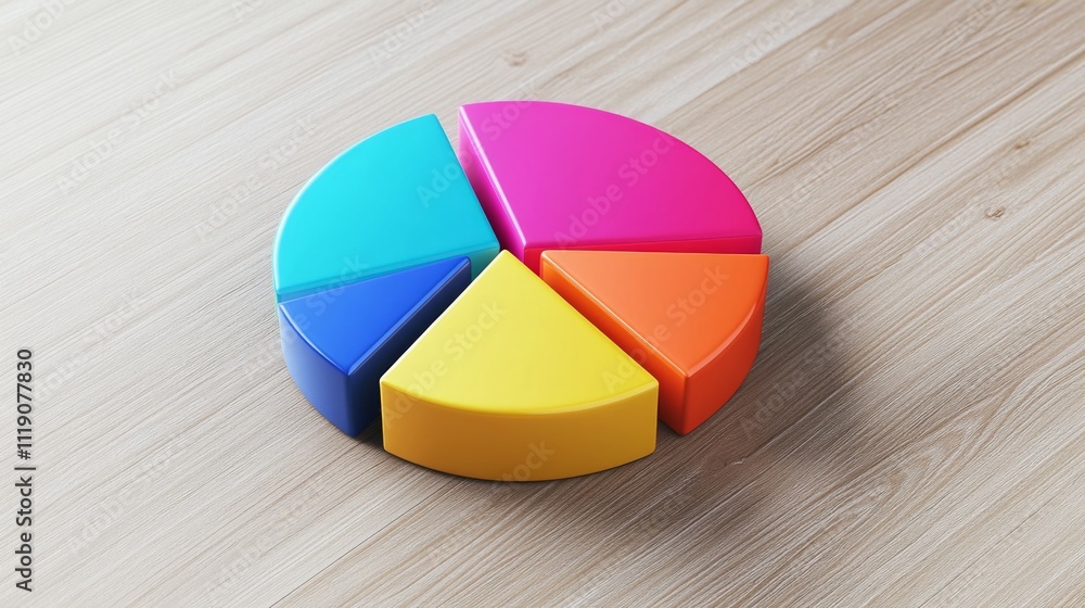 Fototapeta premium Colorful Pie Chart Segments on Wooden Surface for Data Presentation