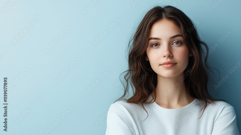 Young woman with a neutral expression, casual attire against a light blue background. Young woman with a neutral expression, casual attire against a light blue background.