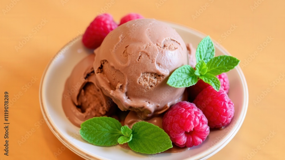 Delightful Chocolate Ice Cream with Fresh Raspberries and Mint Leaves - Perfect for Dessert Lovers Delightful Chocolate Ice Cream with Fresh Raspberries and Mint Leaves - Perfect for Dessert Lovers