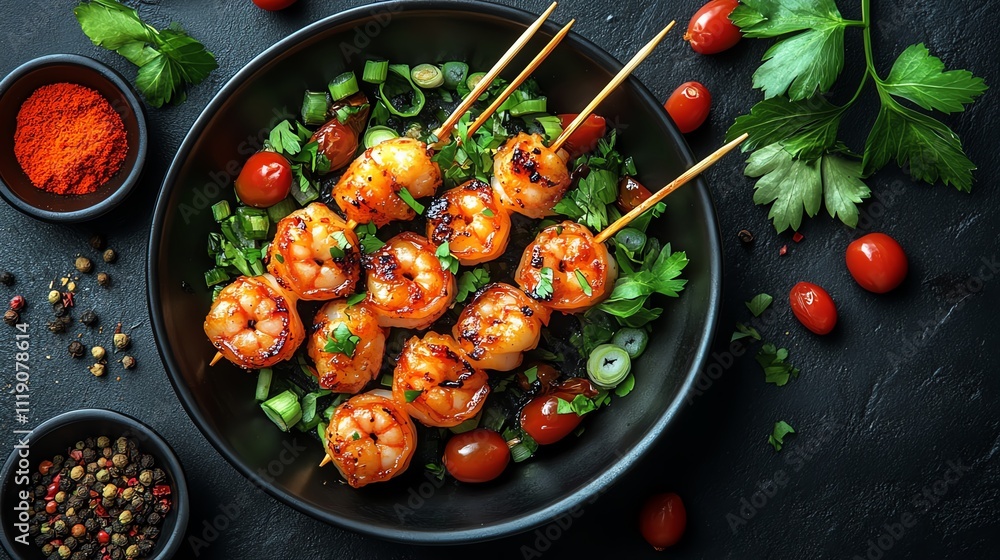 Delicious grilled shrimp skewers garnished with fresh herbs and spices. Delicious grilled shrimp skewers garnished with fresh herbs and spices.