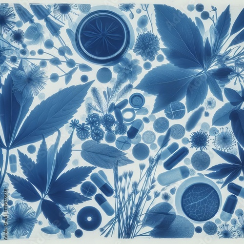 59 Sunprint cyanotype of Chinese herbs and medicines creating a