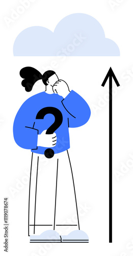 Person pondering question mark with upward arrow pointing to cloud. Ideal for problem-solving, decision-making, goal-setting, uncertainty, ambition, growth, future exploration. Line metaphor