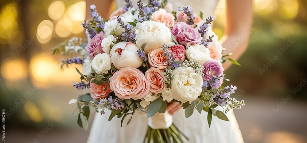 Bride holding a pastel-colored wedding bouquet of peonies, roses, and lavender. Bride holding a pastel-colored wedding bouquet of peonies, roses, and lavender.