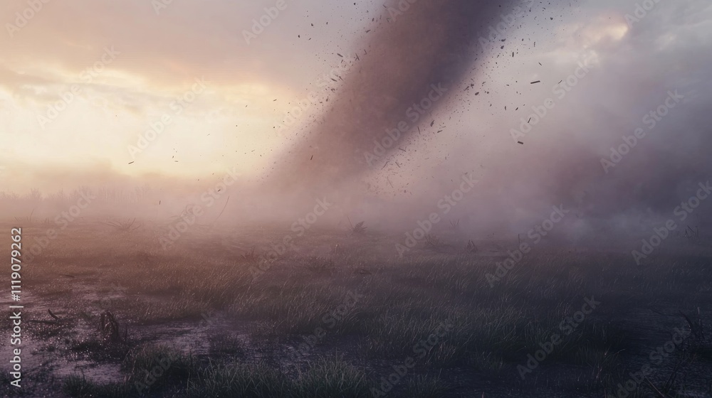 Fototapeta premium A tornado moving across a vast, rain-soaked prairie