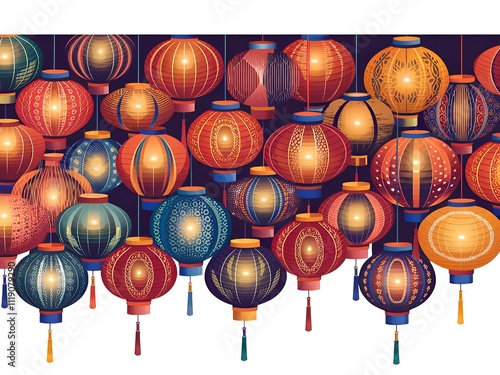 a beautiful collection of colorful glowing lanterns displayed in an artistic pattern photo