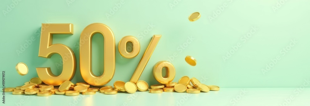 Golden 50 Percent Discount Sign with Falling Coins on Green Back Golden 50 Percent Discount Sign with Falling Coins on Green Back