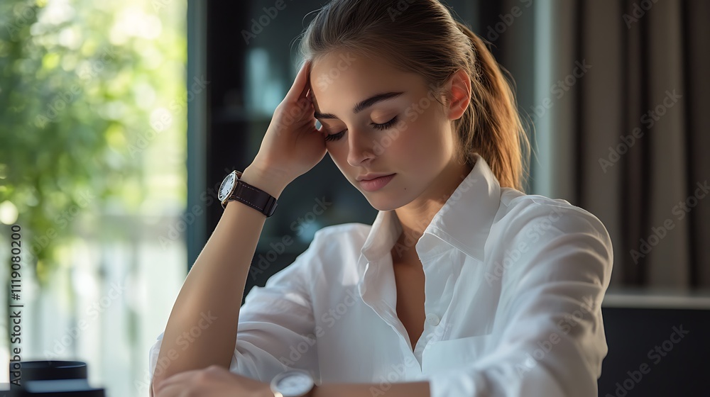 Tired young woman in white shirt sitting at desk, hand on forehead. Tired young woman in white shirt sitting at desk, hand on forehead.