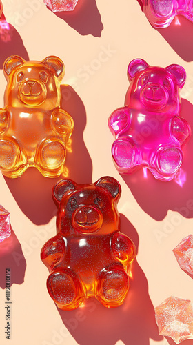 Colorful gummy bears shining on orange background