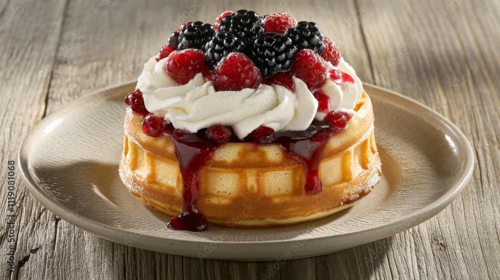 Delicious Waffle Dessert Topped with Berries and Whipped Cream Delicious Waffle Dessert Topped with Berries and Whipped Cream