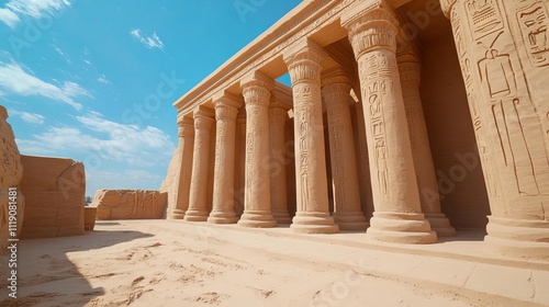 Sand sculpture outdoor craft, Majestic ancient temple with tall columns under a vibrant blue sky.