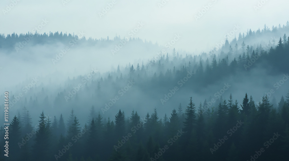 Fototapeta misty background, fir forest, generative ai