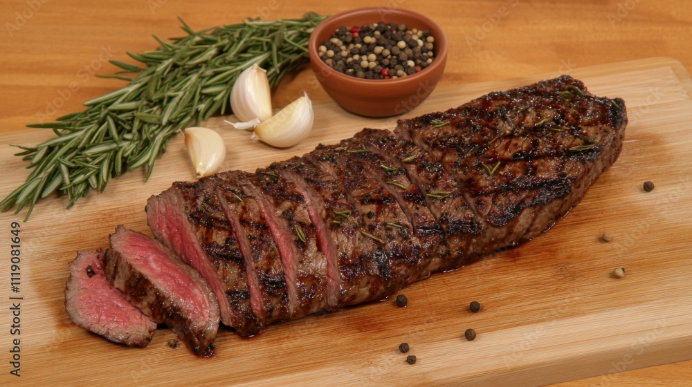 Grilled Steak Served with Herbs and Spices on Wooden Cutting Board Grilled Steak Served with Herbs and Spices on Wooden Cutting Board