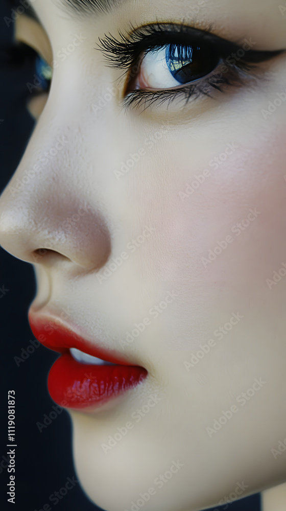 Close-up of a woman with red lips and sharp eyes in profile Close-up of a woman with red lips and sharp eyes in profile