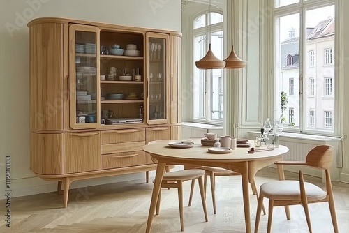 Light Wood Dining Set With Curved Glass Cabinet photo