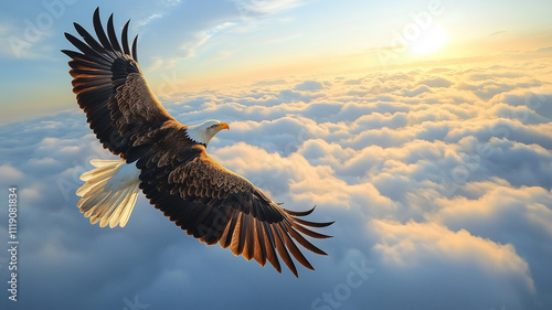 Majestic eagle soaring above the clouds at sunset, with wings spread wide, symbolizing freedom, power, and vision. photo