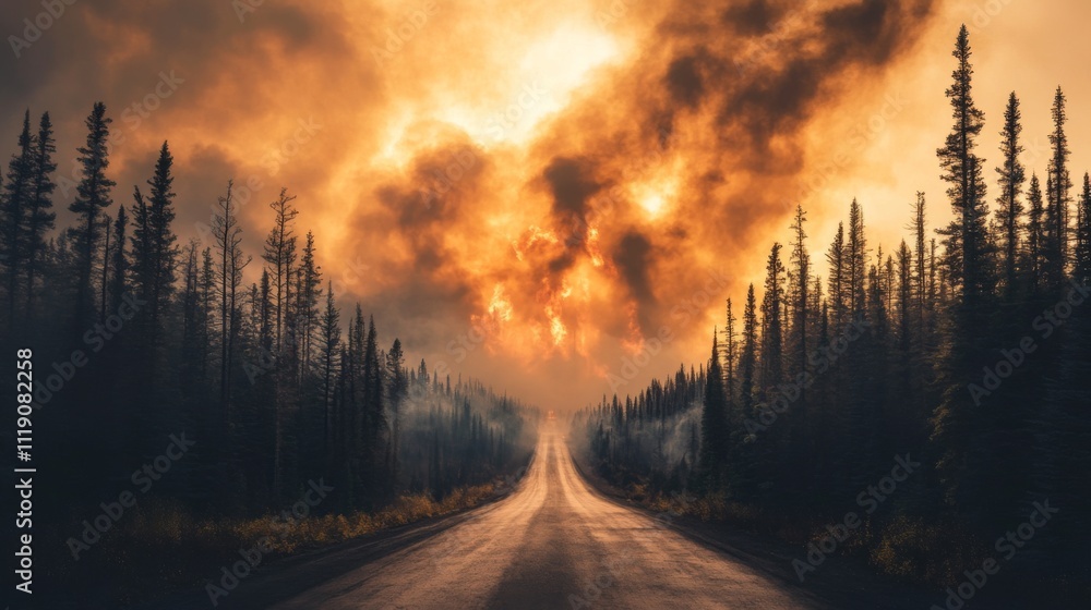 Dramatic Sunrise Over Forest Road with Fiery Clouds and Smoke Dramatic Sunrise Over Forest Road with Fiery Clouds and Smoke