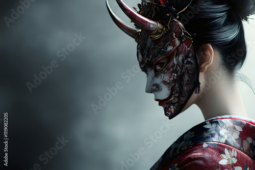 Profile of a woman wearing a beautifully designed prajna mask photo