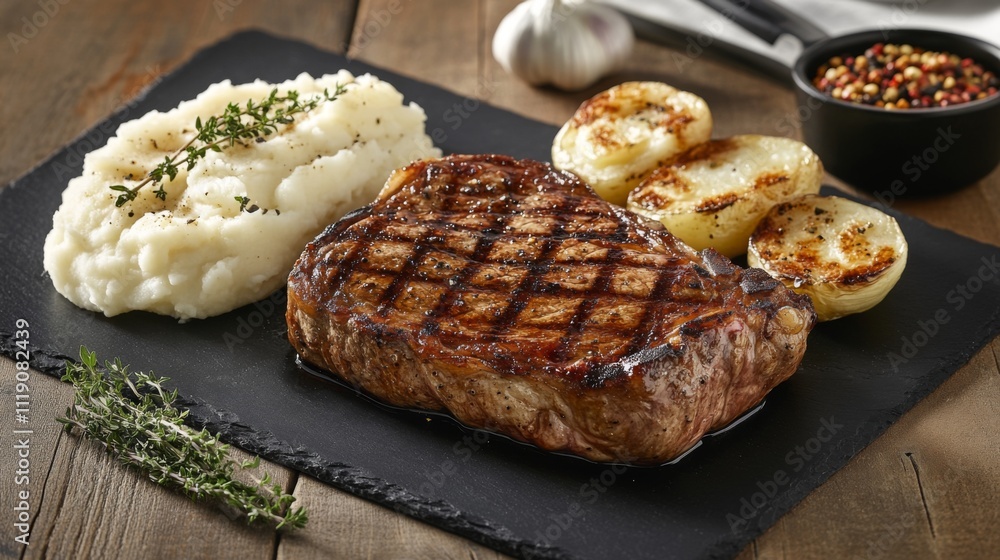 Grilled Steak with Mashed Potatoes and Onion on Slate Board Grilled Steak with Mashed Potatoes and Onion on Slate Board
