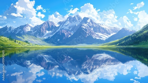 Serene mountain lake reflecting a majestic snow-capped peak under a vibrant blue sky.