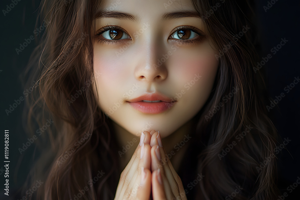 黒髪の女性が祈る姿のポートレート写真 黒髪の女性が祈る姿のポートレート写真