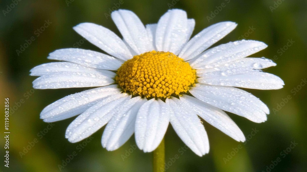 Close-Up of a White Daisy Flower with Dew Drops on Petals Close-Up of a White Daisy Flower with Dew Drops on Petals