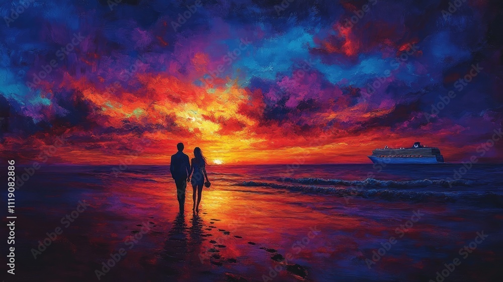 Couple Walking Beach Sunset Cruise Ship Vibrant Colors Couple Walking Beach Sunset Cruise Ship Vibrant Colors