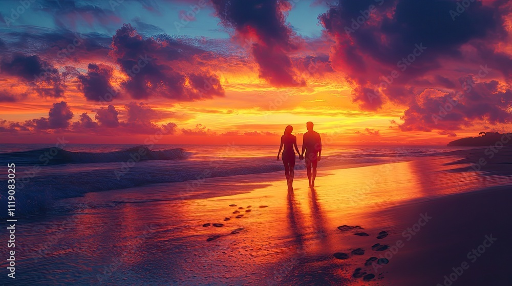 Couple Silhouetted Against Vibrant Sunset Ocean Beach Couple Silhouetted Against Vibrant Sunset Ocean Beach