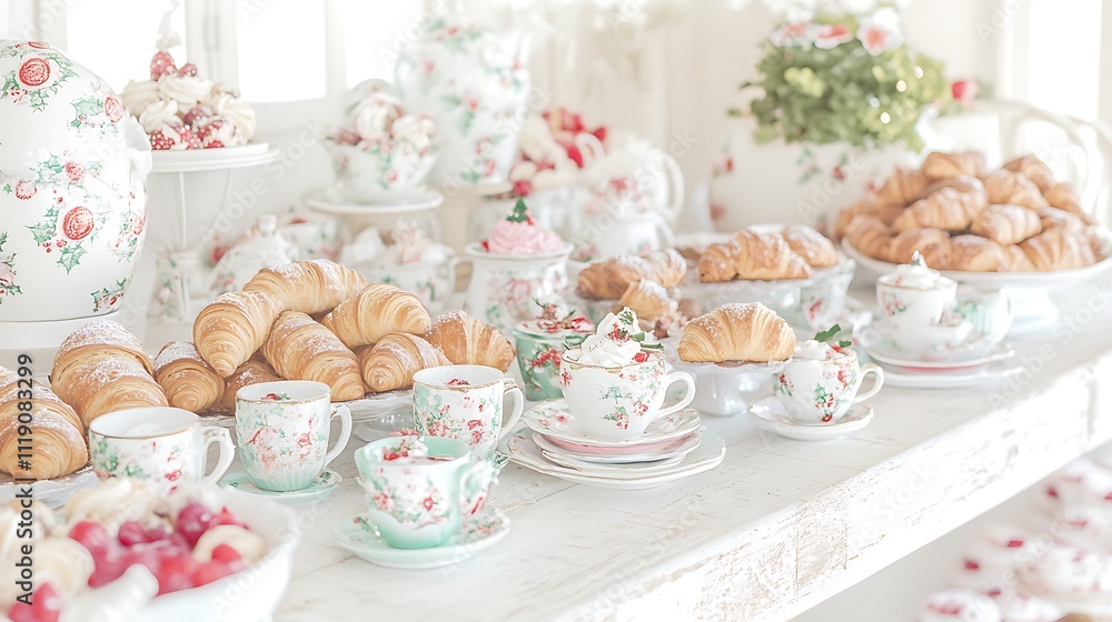 Elegant Tea Party Table With Croissants And Pastries Elegant Tea Party Table With Croissants And Pastries
