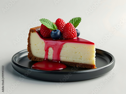 A Slice of a delicious chess cake with berry.