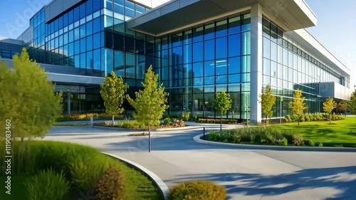 A large glass building with a green courtyard in front of it. The building has a modern design and is surrounded by trees. The courtyard is filled with flowers and plants, creating a peaceful