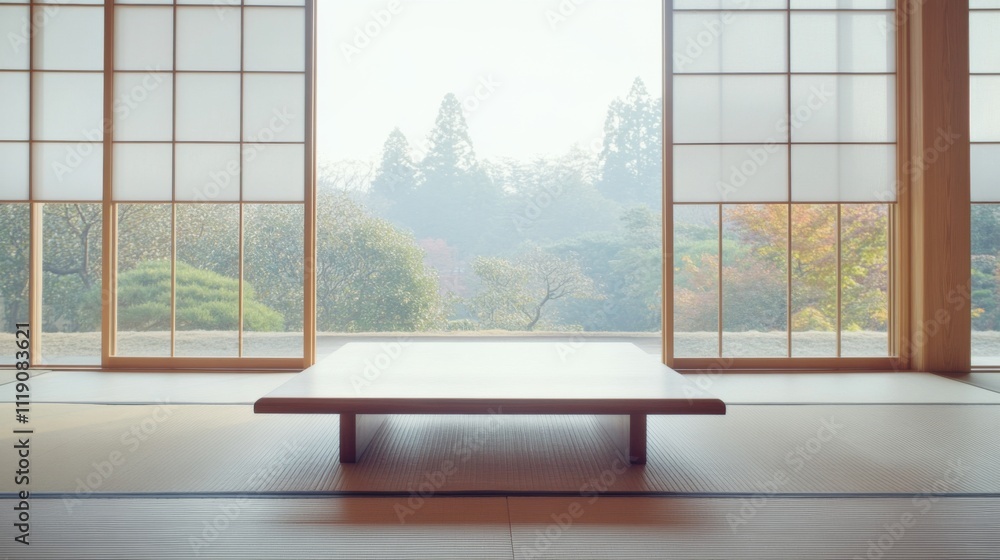 Obraz premium Tranquil Zen Room with Minimalist Design and Nature View