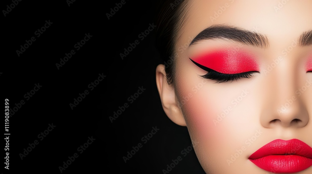 Stunning makeup look featuring bold red lipstick and eye shadow, highlighting beauty and elegance in a dramatic portrait. Stunning makeup look featuring bold red lipstick and eye shadow, highlighting beauty and elegance in a dramatic portrait.