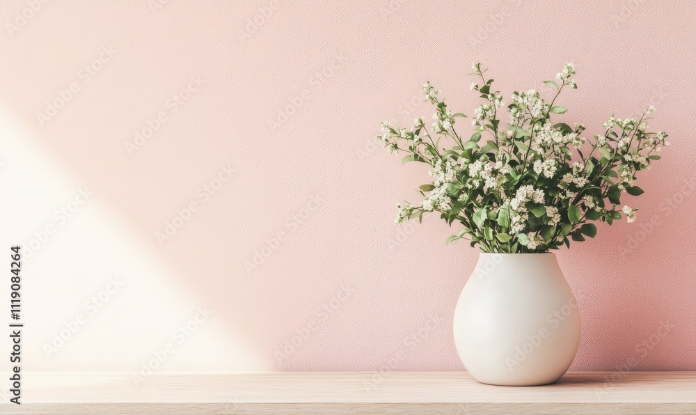White Flowers in Vase on Wooden Shelf, Pink Wall Background, Minimalist Home Decor, Springtime Blossoms, Elegant Interior Design, Soft Pastel Colors, Calm Atmosphere, Serene Home Setting White Flowers in Vase on Wooden Shelf, Pink Wall Background, Minimalist Home Decor, Springtime Blossoms, Elegant Interior Design, Soft Pastel Colors, Calm Atmosphere, Serene Home Setting
