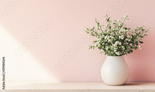 Wallpaper Mural White Flowers in Vase on Wooden Shelf, Pink Wall Background, Minimalist Home Decor, Springtime Blossoms, Elegant Interior Design, Soft Pastel Colors, Calm Atmosphere, Serene Home Setting Torontodigital.ca