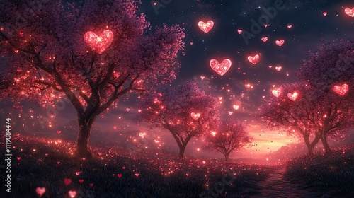 Glowing Hearts Adorn Enchanted Cherry Blossom Trees