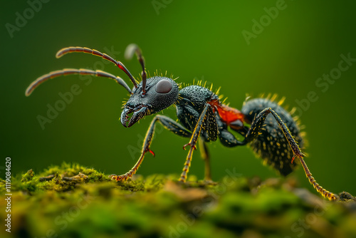 A close-up of an ant standing on edge, with subtle black and red patterns on its body photo