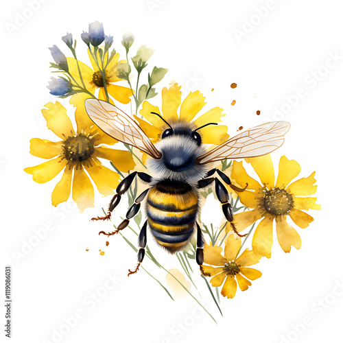 A macro shot of a bumblebee collecting pollen from a vibrant yellow flower in a spring garden, showcasing the intricate beauty of nature's pollination process