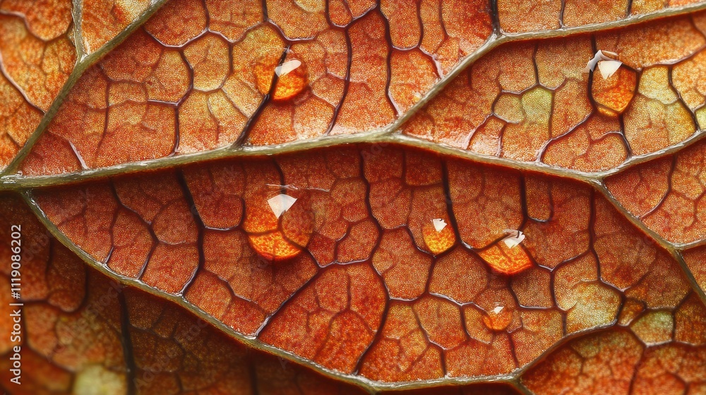 Fototapeta premium Close-up of a dried leaf's intricate vein structure with water droplets.