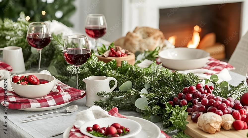 Festive Christmas Table Setting With Red Wine And Decorations Festive Christmas Table Setting With Red Wine And Decorations