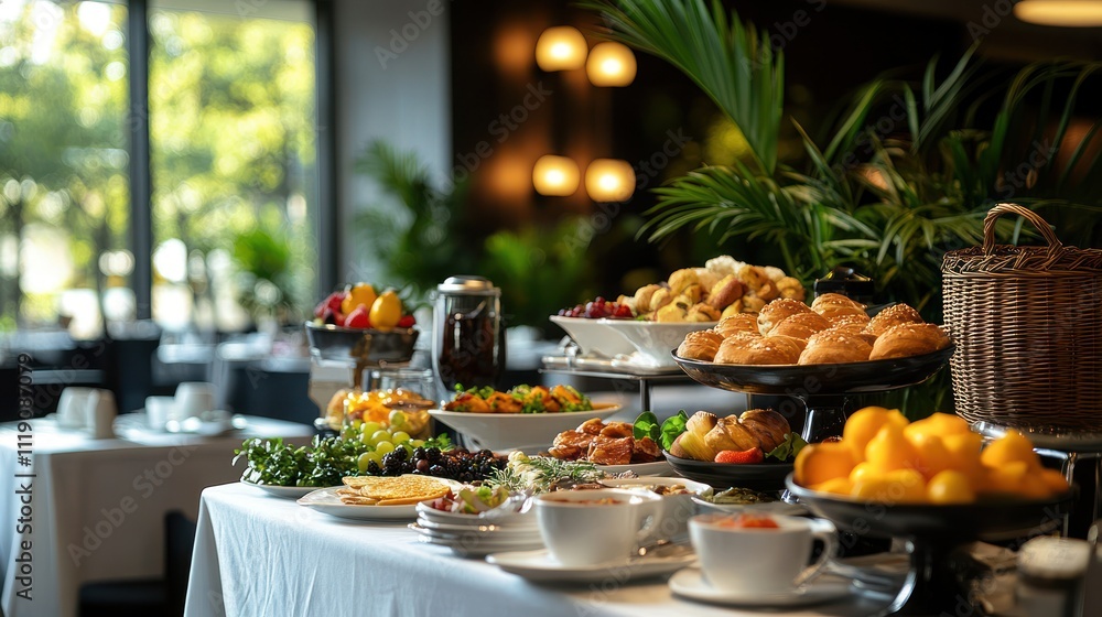 A lavish hotel breakfast buffet with fresh fruit, pastries, and coffee. A lavish hotel breakfast buffet with fresh fruit, pastries, and coffee.